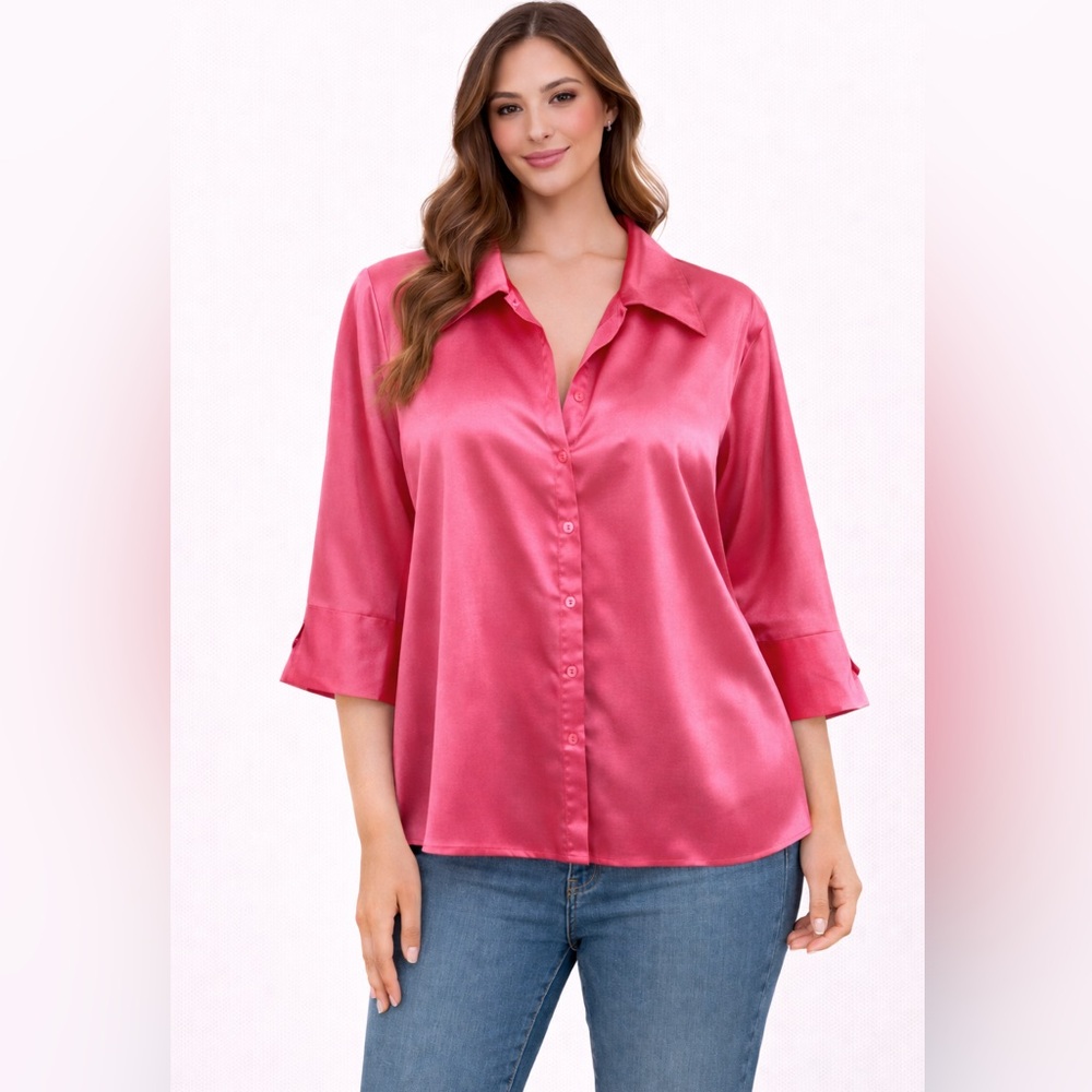 Cato Vibrant Pink Silky 3/4 Sleeve Blouse